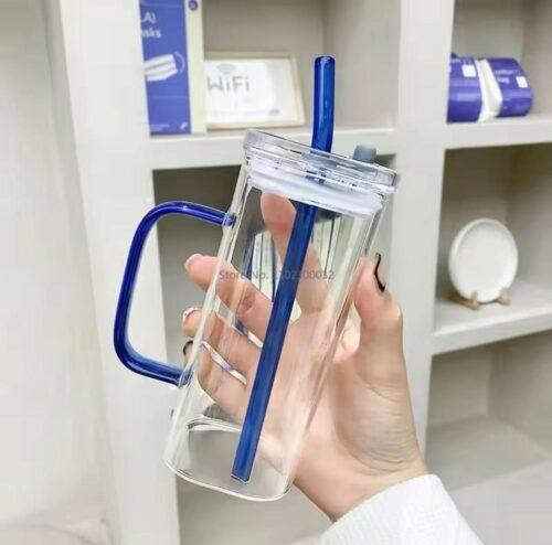 Transparent Square Tumbler Drinking Glass with Glass Straw and Colourful Handle