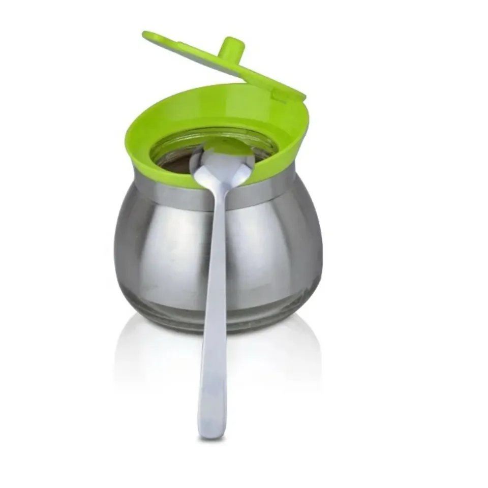 Glass Sugar Pot with Stainless Steel Cover & Spoon – Elegant Storage Jar